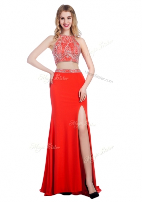 Elegant Chiffon High-neck Sleeveless Sweep Train Criss Cross Beading in Coral Red