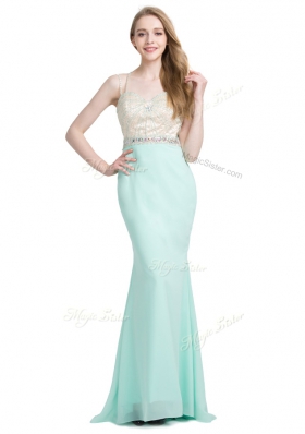 Apple Green Column/Sheath Chiffon Spaghetti Straps Sleeveless Beading With Train Criss Cross Evening Dress Brush Train