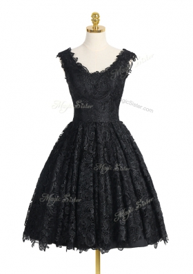 Custom Made Black A-line Lace V-neck Sleeveless Lace Knee Length Zipper Prom Party Dress