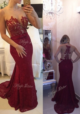 Fantastic Mermaid Scoop Sleeveless Court Train Zipper Prom Dresses Burgundy Chiffon