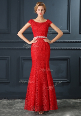 Fashion Mermaid Red Scoop Neckline Beading Prom Party Dress Cap Sleeves Lace Up