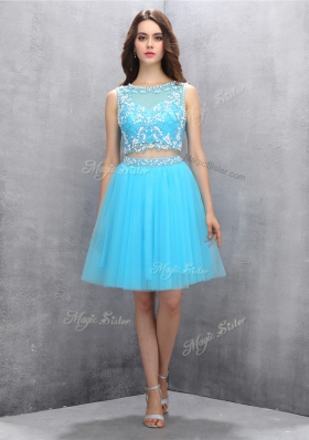 Popular Scoop Sleeveless Backless Blue Organza