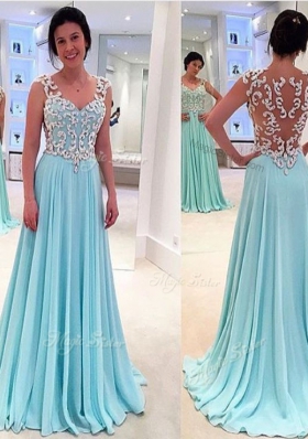 Traditional Aqua Blue A-line Appliques Prom Gown Zipper Chiffon Sleeveless Floor Length