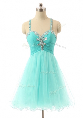 Chic Sleeveless Mini Length Beading Criss Cross Homecoming Dress with Aqua Blue