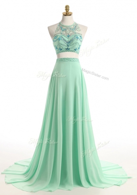 Chiffon Halter Top Sleeveless Brush Train Zipper Beading Prom Dresses in Apple Green