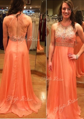 Scoop Sleeveless Chiffon Dress for Prom Beading Brush Train Backless