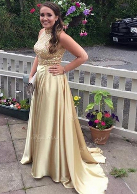 Decent High-neck Sleeveless Satin Prom Gown Sequins Brush Train Zipper