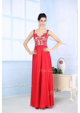 Lovely Coral Red Chiffon Zipper V Neck Sleeveless Floor Length Prom Evening Gown Lace