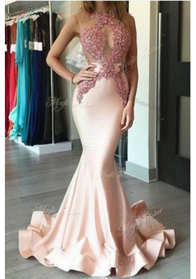 Scoop With Train Mermaid Sleeveless Peach Prom Party Dress Brush Train Zipper