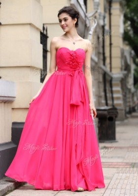 Hot Pink Chiffon Zipper Sweetheart Sleeveless Floor Length Homecoming Dress Sashes|ribbons and Ruching and Hand Made Flower