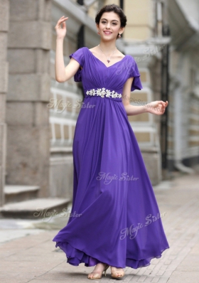 Purple Zipper Prom Dresses Beading and Appliques and Ruching Cap Sleeves Ankle Length