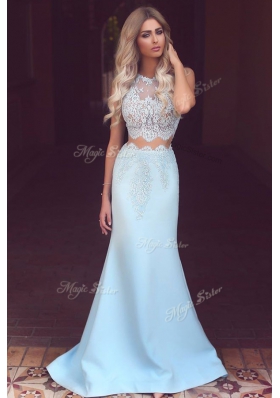 Mermaid Light Blue Scoop Neckline Lace Evening Dress Sleeveless Zipper