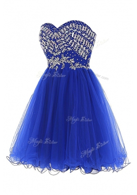 Exquisite Royal Blue A-line Tulle Sweetheart Sleeveless Beading Mini Length Zipper