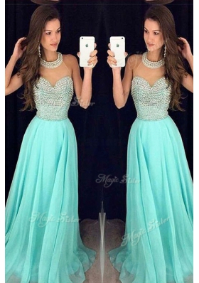 Fantastic High-neck Sleeveless Sweep Train Zipper Evening Dress Aqua Blue Organza