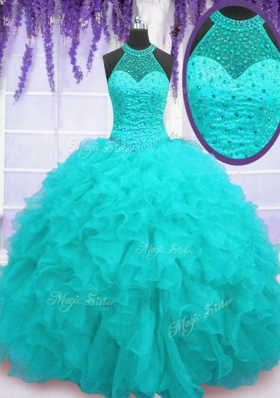 Inexpensive Floor Length Aqua Blue Quinceanera Dress Organza Sleeveless Beading and Ruffles