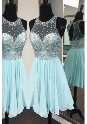 Scoop Light Blue Sleeveless Knee Length Beading Zipper Prom Dress