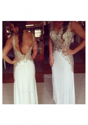 White Chiffon Zipper V-neck Sleeveless Floor Length Dress for Prom Embroidery