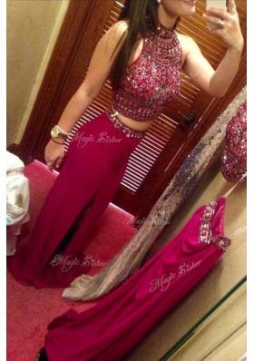 Customized Fuchsia High-neck Zipper Beading Prom Dress Sleeveless