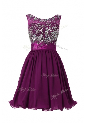 Eye-catching Scoop Sleeveless Prom Gown Knee Length Beading and Sashes|ribbons Purple Chiffon