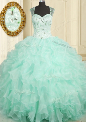 Excellent Aqua Blue Organza Zipper Sweet 16 Quinceanera Dress Sleeveless Floor Length Beading and Ruffles