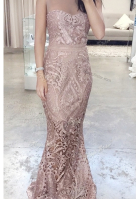 Mermaid Scoop Pink Lace Zipper Evening Dress Sleeveless Floor Length Lace