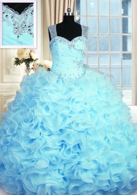 Aqua Blue Sleeveless Organza Zipper Ball Gown Prom Dress for Military Ball and Sweet 16 and Quinceanera