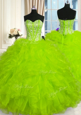 Popular Sweetheart Sleeveless Sweet 16 Dresses Floor Length Beading and Ruffles Organza