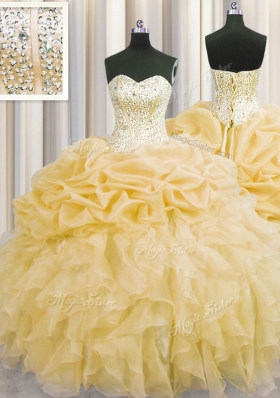 Visible Boning Organza Sleeveless Floor Length Quinceanera Dress and Beading and Ruffles