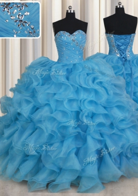 Baby Blue Ball Gowns Sweetheart Sleeveless Organza Floor Length Lace Up Beading and Ruffles Quinceanera Dress