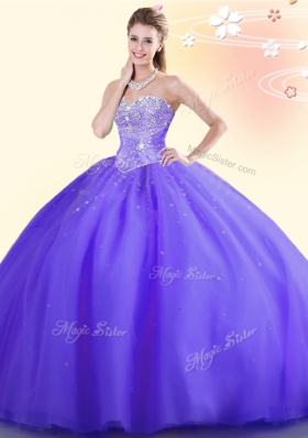 Fantastic Floor Length Lace Up Ball Gown Prom Dress Purple and In for Military Ball and Sweet 16 and Quinceanera with Beading