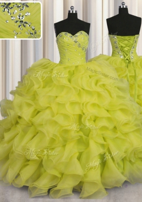 Pretty Floor Length Yellow Green Vestidos de Quinceanera Organza Sleeveless Beading and Ruffles