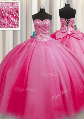 Big Puffy Sweetheart Sleeveless Ball Gown Prom Dress Floor Length Beading Rose Pink Tulle