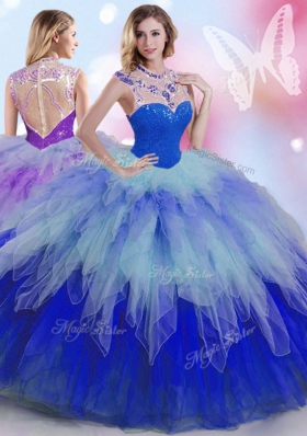 Most Popular Multi-color High-neck Neckline Beading and Ruffles Quinceanera Gowns Sleeveless Zipper