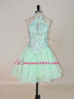 Sumptuous Apple Green A-line Organza Halter Top Sleeveless Beading Mini Length Lace Up Cocktail Dress