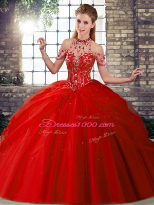 Clearance Red Sweet 16 Dress Tulle Brush Train Sleeveless Beading and Pick Ups