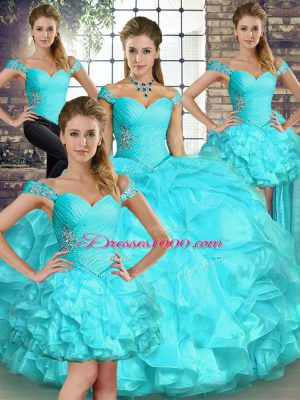 Aqua Blue Sleeveless Beading and Ruffles Floor Length Quinceanera Dress