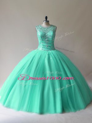 Modern Floor Length Aqua Blue Quinceanera Gown Tulle Sleeveless Beading