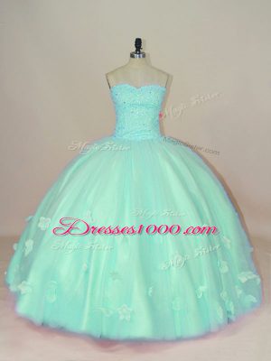 Sweetheart Sleeveless Quinceanera Dress Floor Length Hand Made Flower Apple Green Tulle