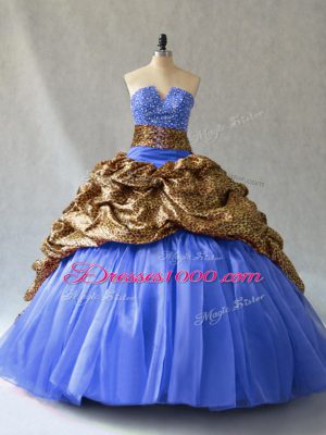 Cute Blue Sleeveless Brush Train Beading and Pick Ups Sweet 16 Dress