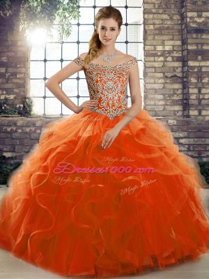 Brush Train Ball Gowns 15 Quinceanera Dress Orange Red Off The Shoulder Tulle Sleeveless Lace Up