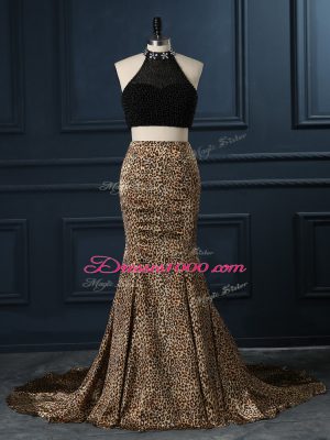 High-neck Sleeveless Printed Prom Dresses Beading Court Train Zipper