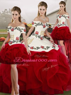 White And Red Tulle Lace Up Sweet 16 Dress Sleeveless Floor Length Embroidery and Ruffles