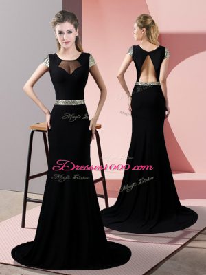 Colorful Black Short Sleeves Sweep Train Sequins Prom Gown