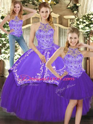 Beading and Embroidery Quinceanera Dresses Purple Lace Up Sleeveless Floor Length