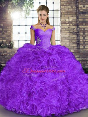 Classical Organza Off The Shoulder Sleeveless Lace Up Beading and Ruffles 15 Quinceanera Dress in Lavender