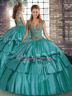 Teal Lace Up Straps Beading and Ruffled Layers 15 Quinceanera Dress Taffeta Sleeveless