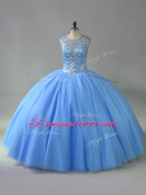 Dazzling Blue Scoop Lace Up Beading Sweet 16 Dresses Sleeveless