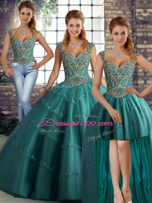 Straps Sleeveless Lace Up Ball Gown Prom Dress Teal Tulle