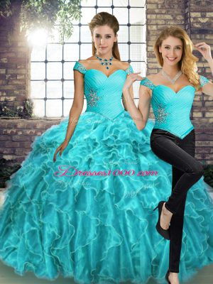 Aqua Blue Lace Up Quinceanera Dresses Beading and Ruffles Sleeveless Brush Train