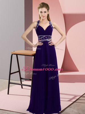 Purple Chiffon Backless Straps Sleeveless Floor Length Prom Dresses Beading